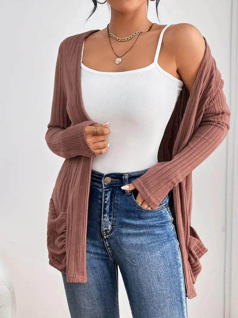 Sfrcord® Solid Open Front Rib Knit Cardigan